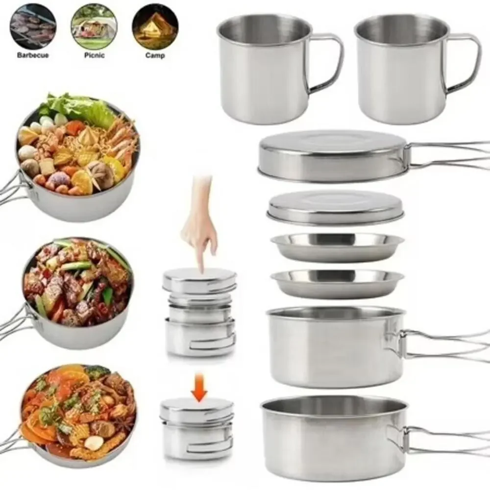 8-Piece Stainless Steel Camping Cookware Set – Lightweight & Compact Pots Pans